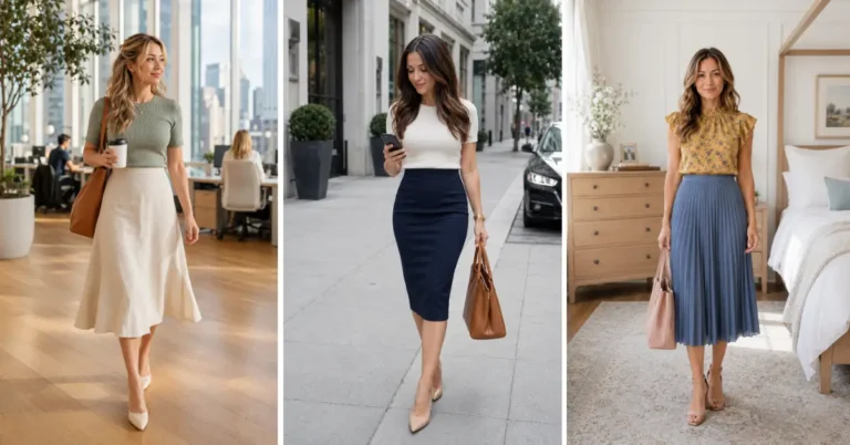 15 Petite Midi Skirt Work Outfits That Fit Shorter Frames