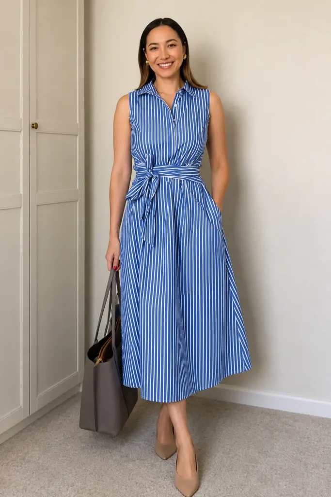 A petite woman wearing a blue and white vertical stripe sleeveless shirtdress with a self-tie fabric belt at the waist, styled with nude pointed pumps and a gray structured tote as a petite office dress outfit.