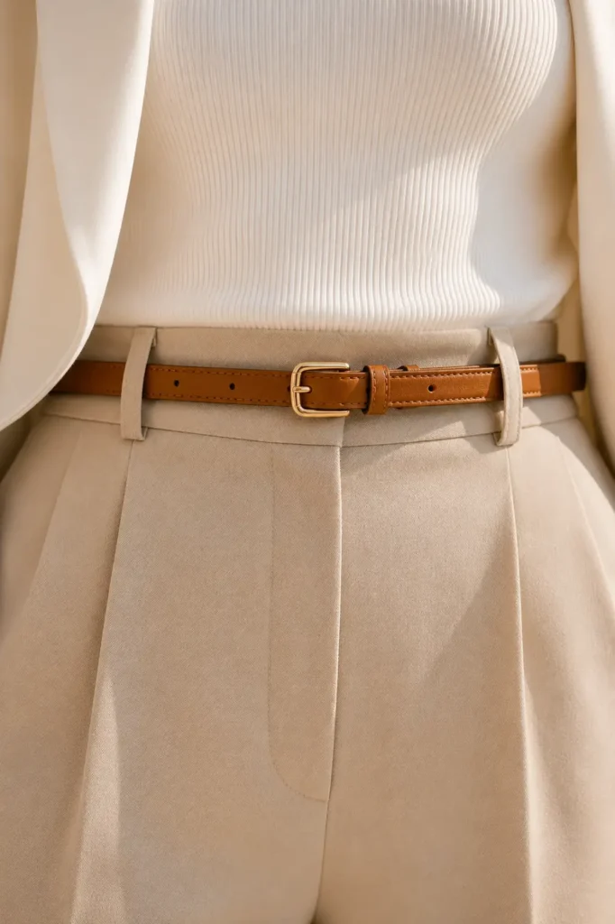 Close-up of a thin cognac leather belt fastened at the natural waist of cream high-waisted trousers