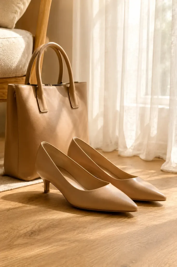 Nude low kitten-heel pumps on a light oak floor beside a tote bag, shot from floor level