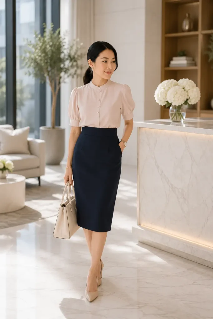Petite woman wearing a blush puff-sleeve blouse with a band collar and button placket, tucked into a navy high-waist pencil skirt with a below-the-knee hem, styled with nude pointed pumps and a cream structured bag