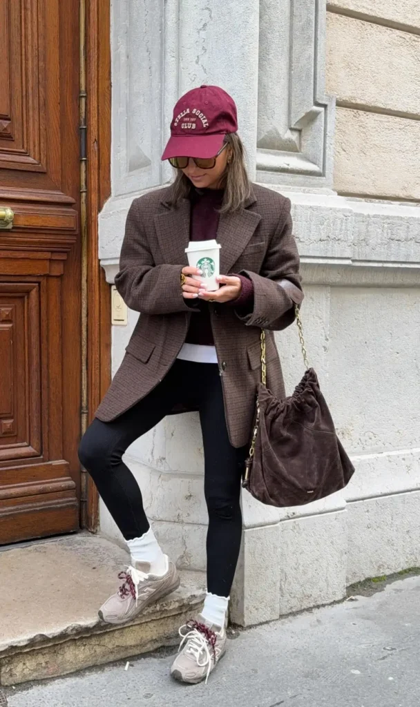 Oversized brown micro-check blazer styled with black leggings, a burgundy turtleneck, chunky taupe sneakers, and a chocolate suede chain bag, street style