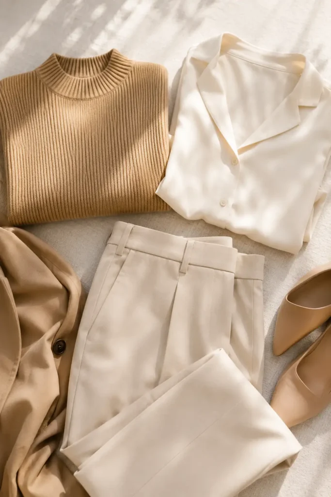 Flat lay of camel and ivory clothing pieces showing a monochromatic petite outfit color palette