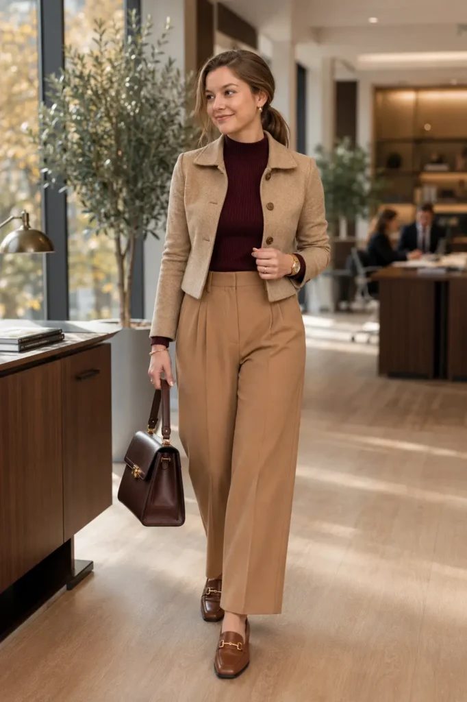 Petite woman in a cropped camel jacket over a burgundy ribbed turtleneck, camel wide-leg pleated trousers, cognac loafers, and a structured oxblood top-handle bag — fall office style.