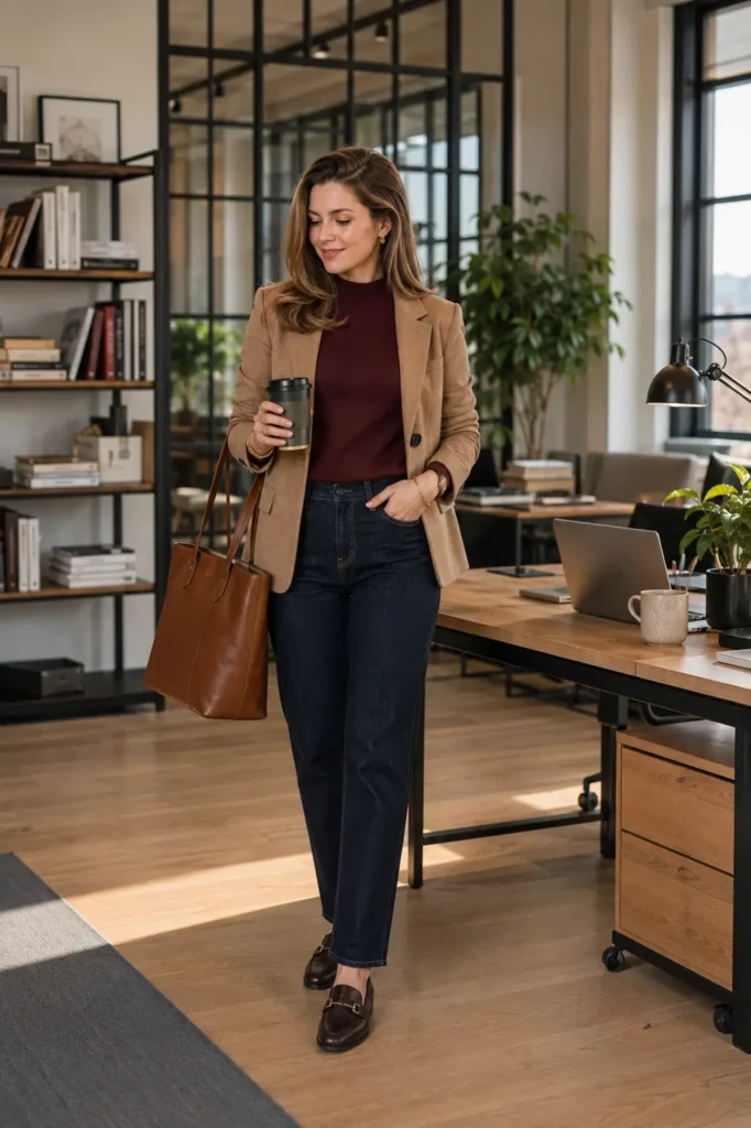 Petite woman wearing a camel blazer over a burgundy mock-neck knit, dark indigo straight-leg high-rise jeans, oxblood loafers, and a cognac leather tote — fall office casual look.