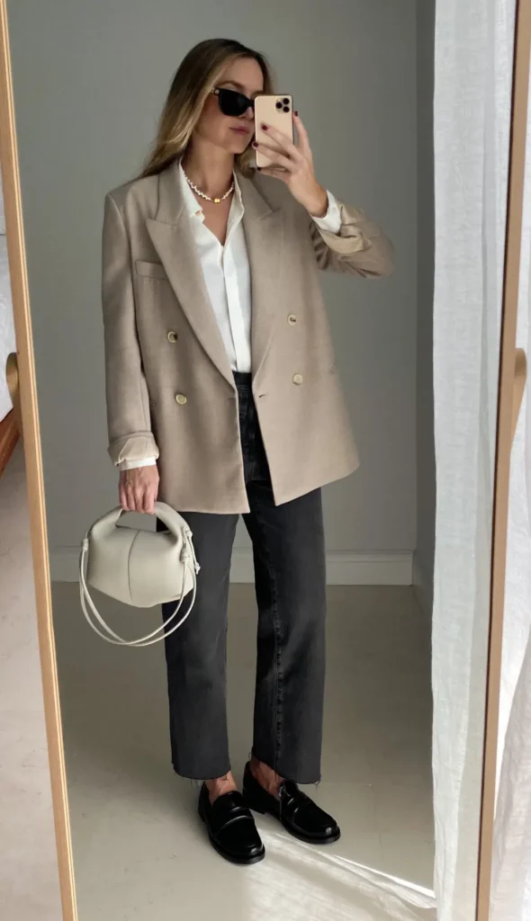 Camel double-breasted blazer layered over a white silk shirt with charcoal straight jeans, a pearl necklace, and a cream top-handle bag, mirror selfie