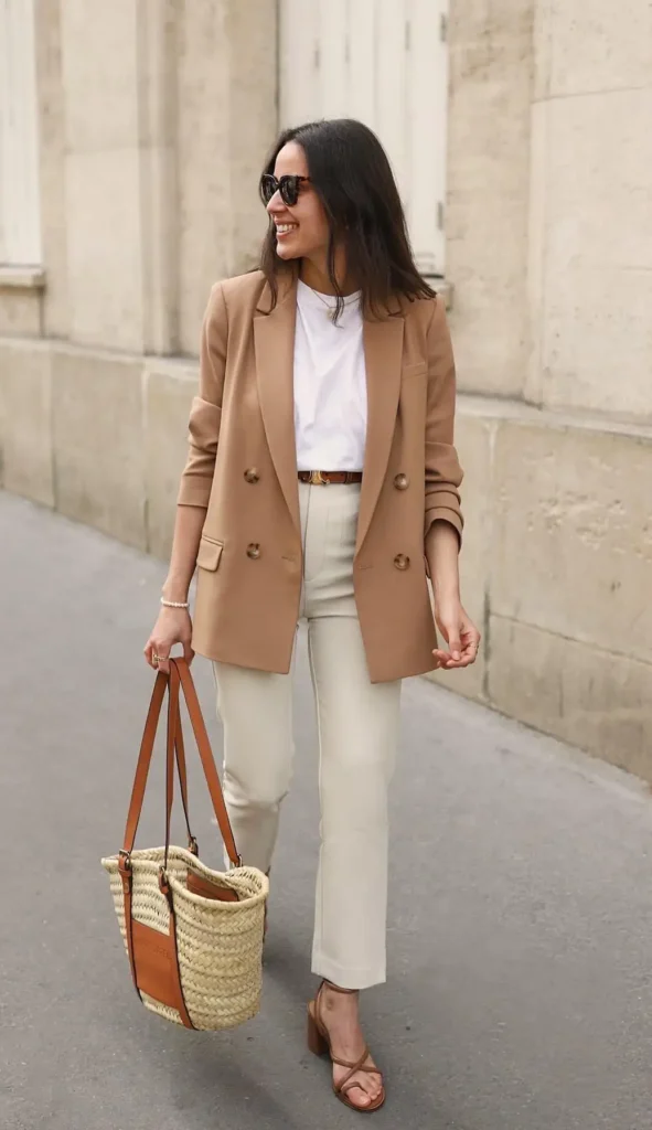 Camel double-breasted blazer outfit with a white fitted tee, cream straight trousers, cognac thin belt, tan block heel sandals, and a straw basket tote, Paris street style