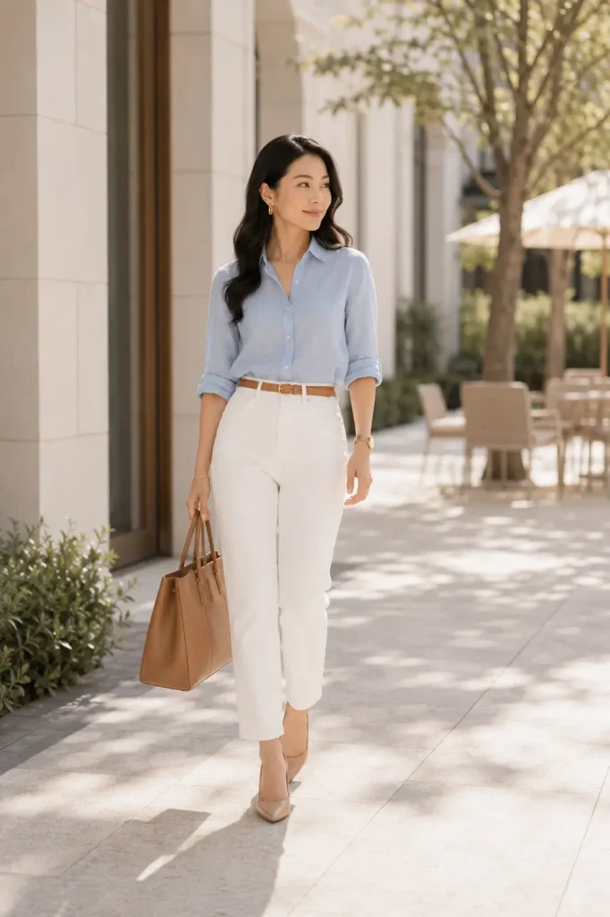 Petite woman in a sky blue linen button-down shirt with rolled sleeves and a slim tan belt, front-tucked into white high-waist cropped trousers, styled with nude pointed pumps and a cognac structured tote