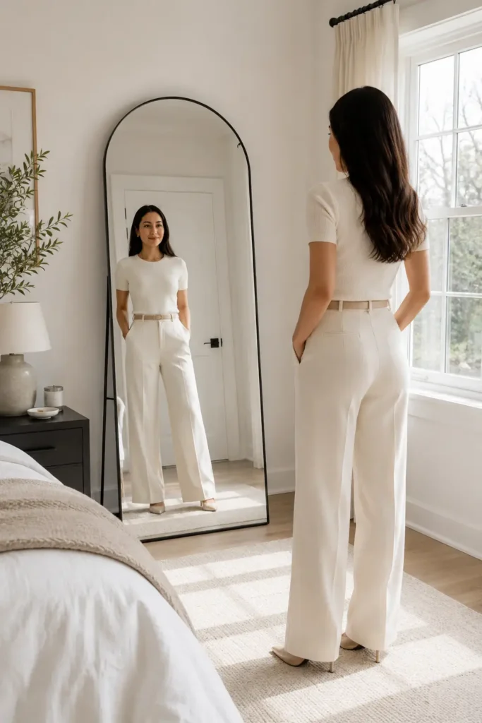 Petite woman standing back from a full-length mirror checking her head-to-toe monochromatic outfit
