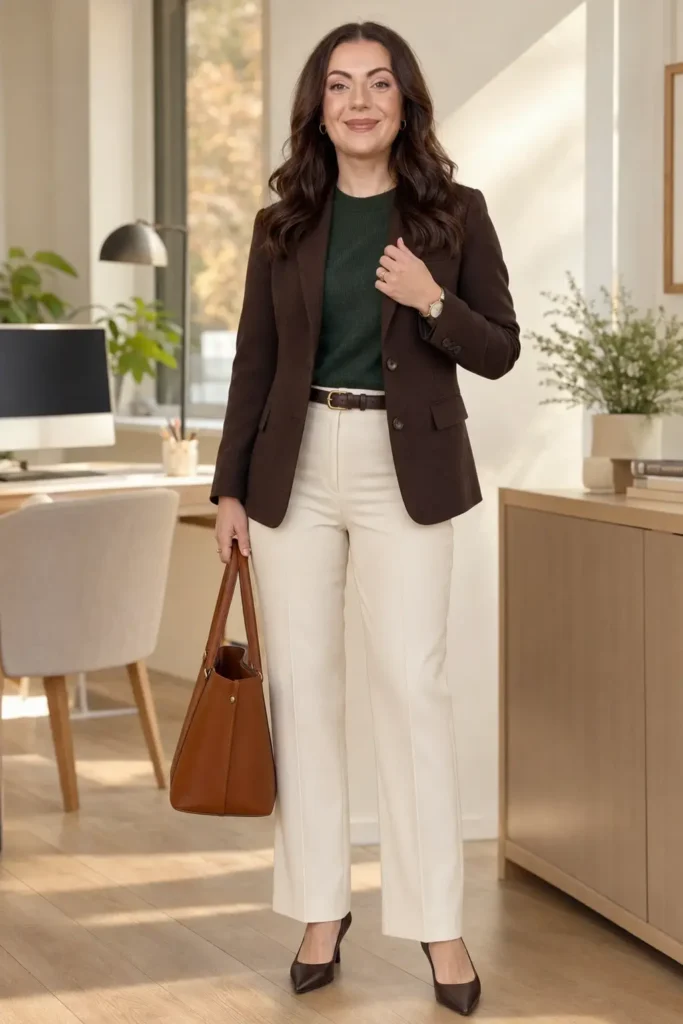 Petite woman in a chocolate fitted blazer, forest green knit top, ivory wide-leg trousers with a thin brown belt, and chocolate pointed-toe heels — fall office outfit idea.