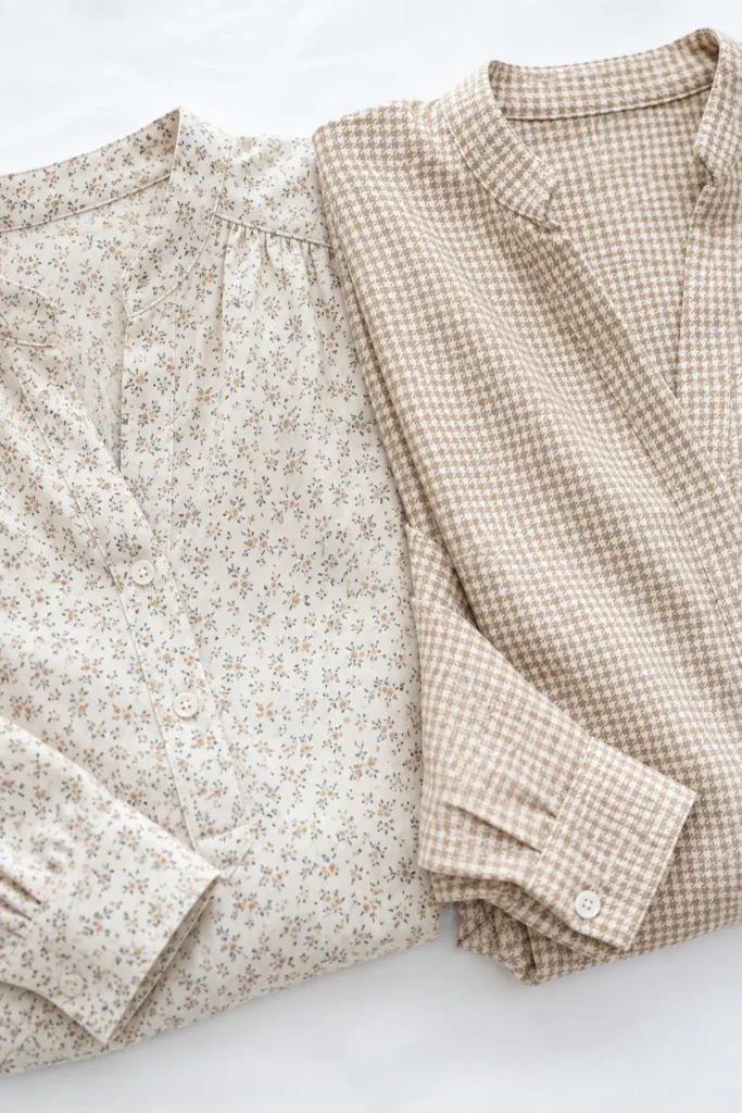 Two folded blouses side by side — one in a small ditsy floral and one in micro houndstooth print
