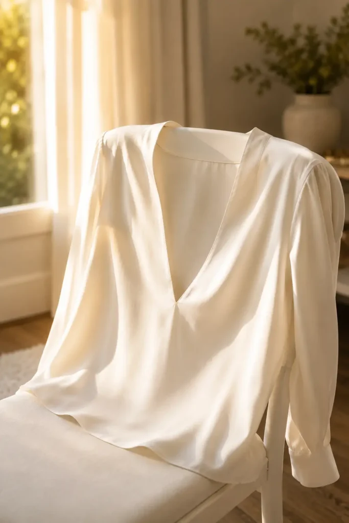 Ivory V-neck silk blouse draped over a white chair showing a deep open neckline