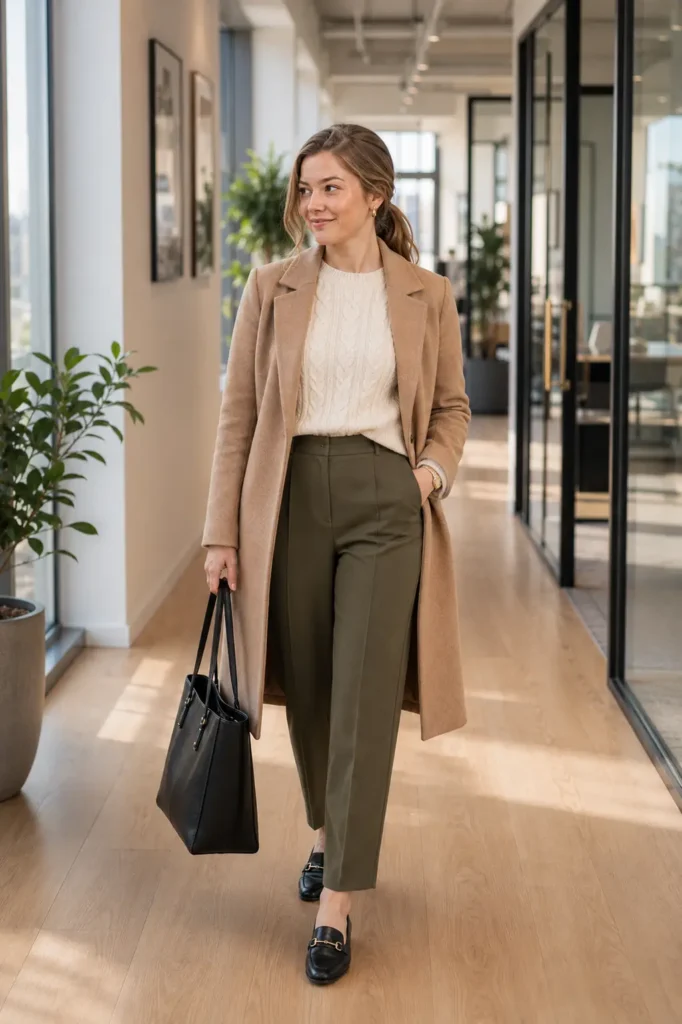 Petite woman walking in an open camel longline coat over a cream cable-knit sweater, olive ankle trousers, and black horsebit loafers — a practical petite fall office outfit.