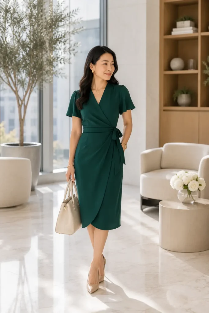 Petite woman wearing a solid emerald green midi wrap dress with flutter sleeves and a side-tie bow at the natural waist, paired with nude pointed pumps and a cream structured bag