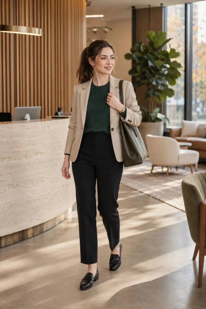 Petite woman wearing a camel fitted blazer over a forest green knit top, black high-waisted ankle trousers, and black penny loafers with an olive tote — fall office outfit.