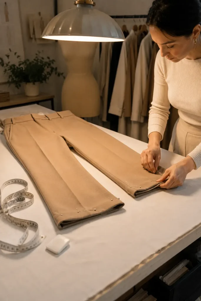 Camel trousers pinned at the hem on a tailoring table beside a measuring tape and tailor's chalk