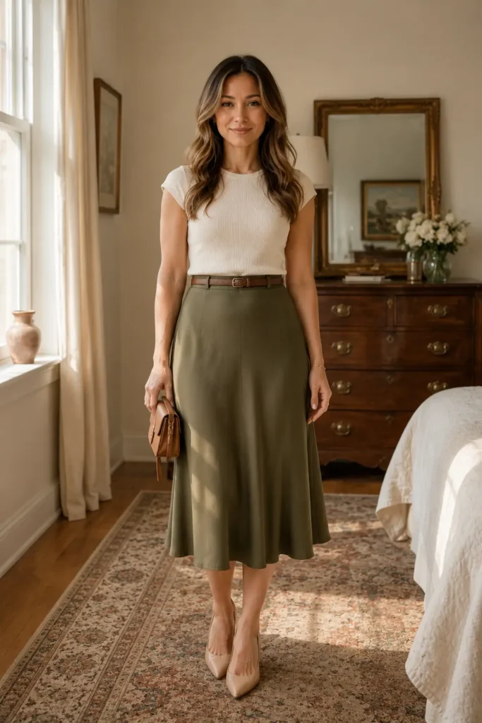Petite woman in an ivory cap-sleeve knit and fluid olive satin A-line midi skirt belted at the waist with cognac leather.