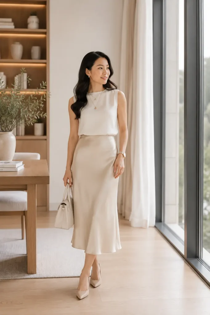 Petite woman wearing an ivory matte sleeveless shell top paired with a champagne satin bias-cut midi skirt, styled with nude pointed pumps, layered gold pendants, and a cream structured bag