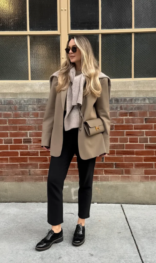 Petite woman in an oversized khaki blazer layered over a chunky taupe turtleneck, black ankle trousers, patent black brogues, and a small crossbody bag — fall street style.
