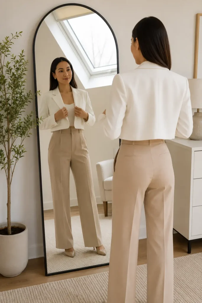 Petite woman pulling on a white cropped blazer in front of a full-length mirror, hem at the waistband