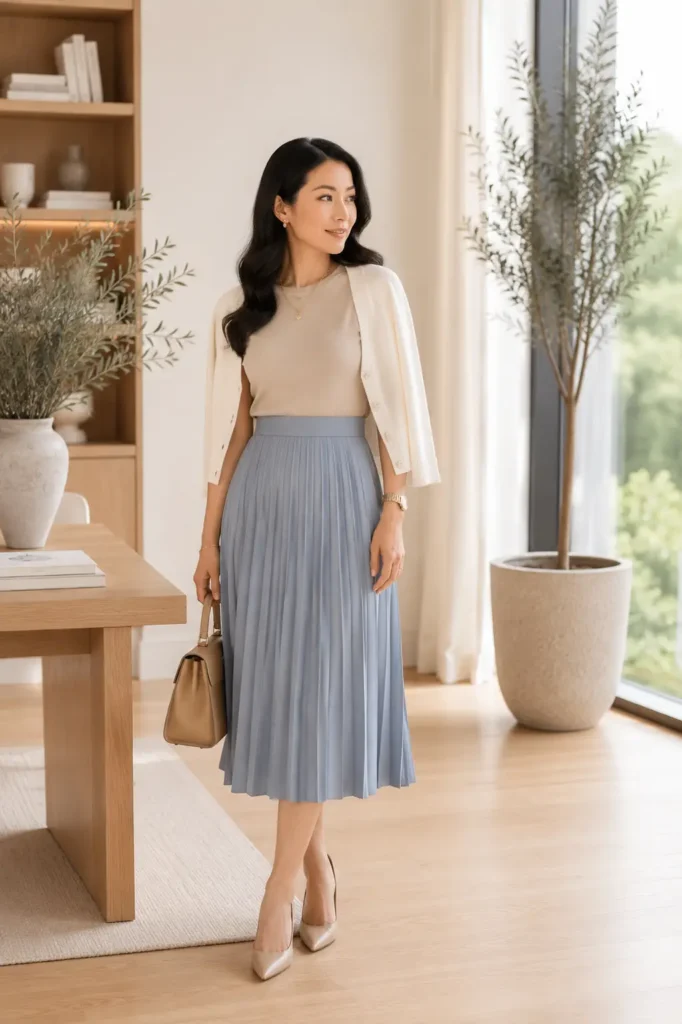 Petite woman wearing an open ivory lightweight cardigan over a beige sleeveless top tucked into a dusty blue accordion-pleated midi skirt, with nude pointed pumps and a tan structured bag