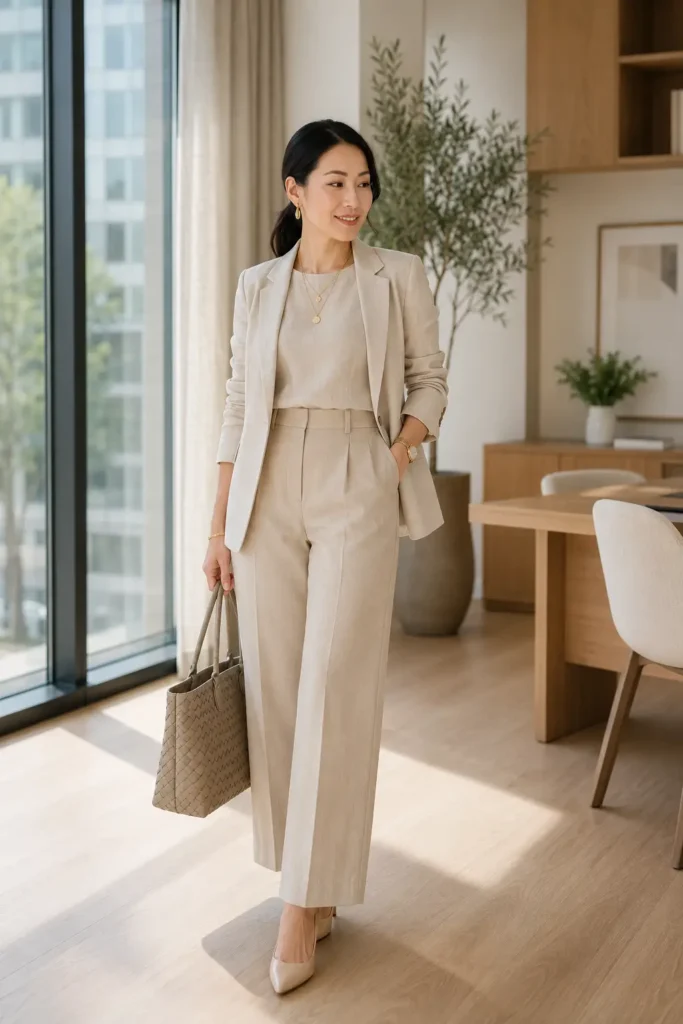Petite woman in a head-to-toe sand monochrome linen suit with an open single-button blazer, matching shell top, and wide-leg full-length trousers, styled with nude pointed pumps and a woven taupe tote