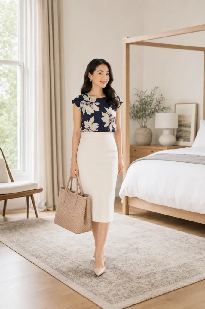 Petite woman wearing a navy large-scale floral cap-sleeve blouse tucked into an ivory high-waist pencil skirt, with ivory pointed pumps and a woven beige tote