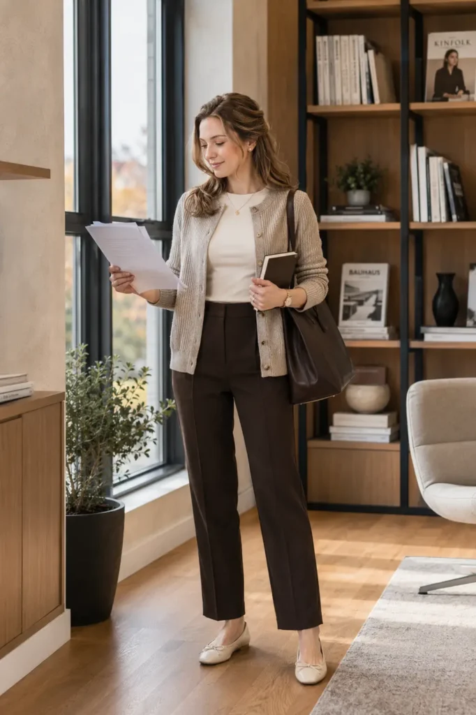 Petite woman in an oatmeal ribbed cardigan with gold buttons, cream knit top, chocolate straight-leg trousers, and cream bow ballet flats — a cozy petite fall office outfit.