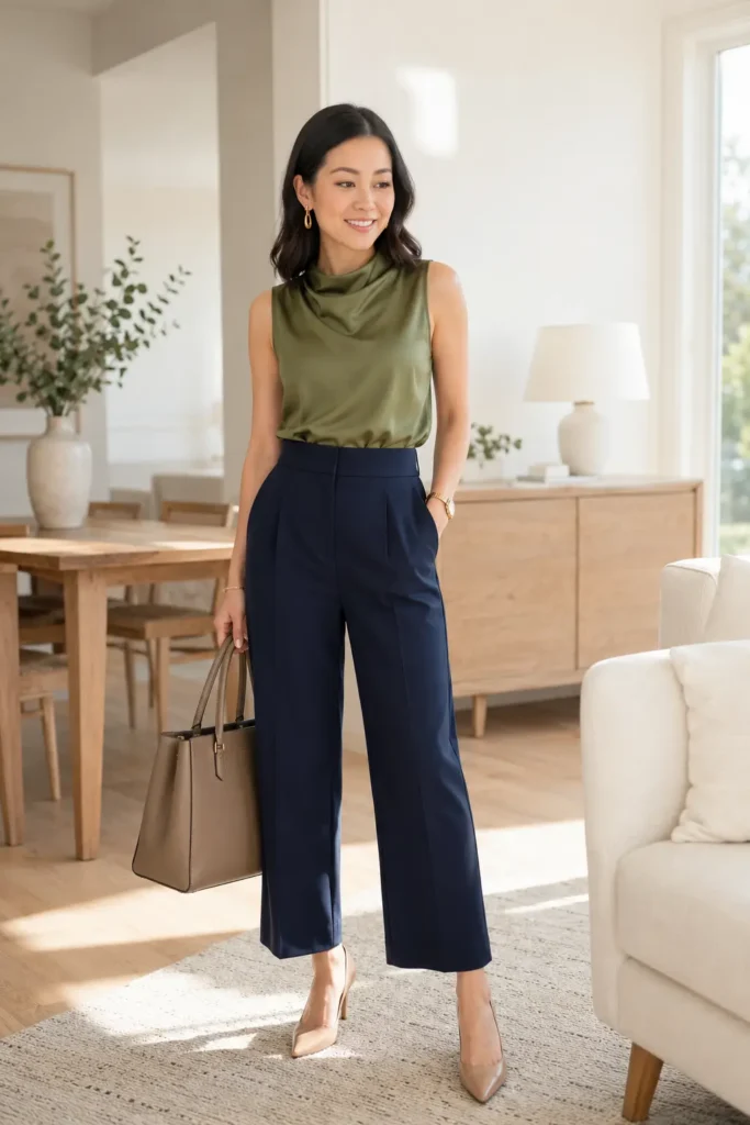 Petite woman wearing an olive satin cowl-neck sleeveless blouse tucked into navy high-waist wide-leg trousers cropped above the ankle, with nude pointed pumps and a taupe structured tote