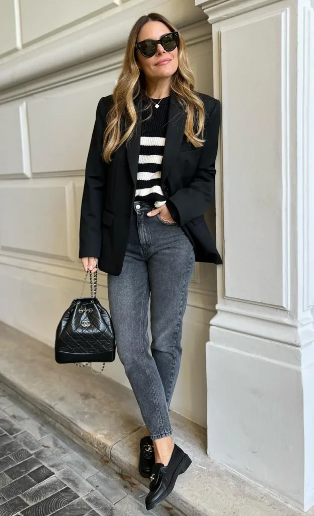 Oversized black blazer styled over a black and cream striped knit sweater with grey slim jeans, black loafers, and a quilted black bag