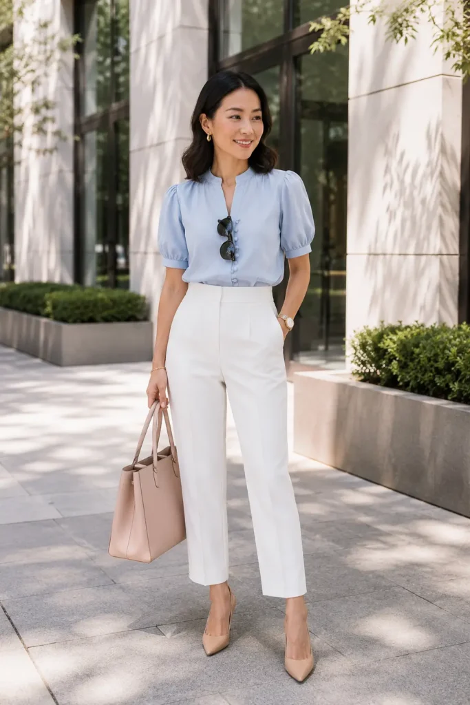 Petite woman in a powder blue puff-sleeve button blouse with a split V-neckline, tucked into white high-waist straight-leg cropped trousers, with nude pointed pumps and a blush structured tote
