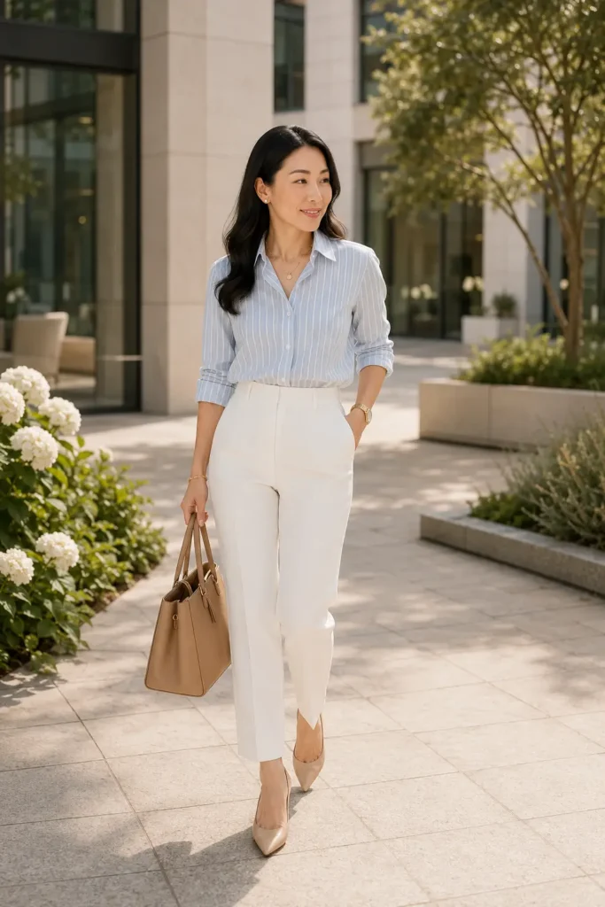 Petite woman in a powder blue fine-stripe linen button-down shirt with rolled sleeves and an open collar, front-tucked into white high-waist straight-leg cropped trousers, with nude pointed pumps and a tan structured tote