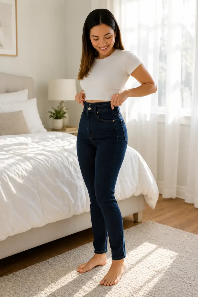 Petite woman pulling up high-waisted dark navy jeans by the waistband in a bright bedroom
