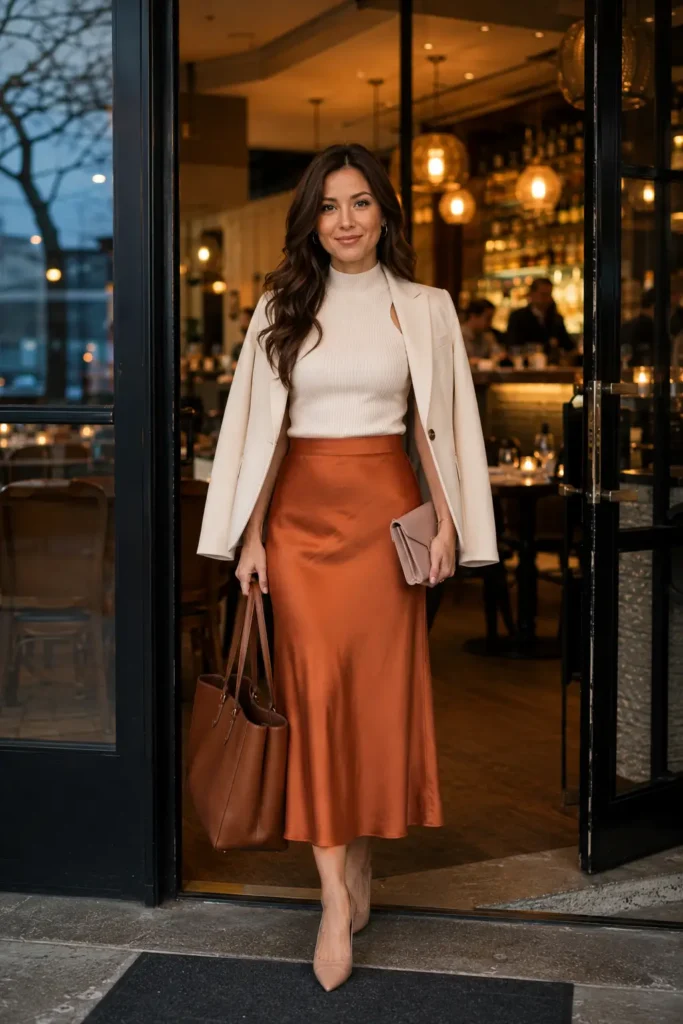 Petite midi skirt outfit going from desk to dinner in a rust bias-cut satin midi, ivory mock-neck, and cropped cream blazer.