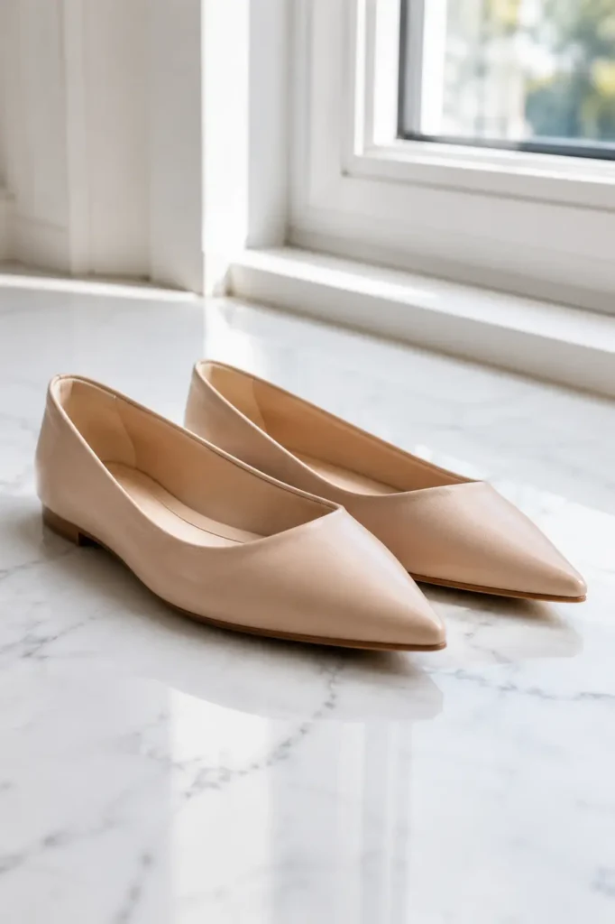 Pair of nude pointed-toe ballet flats on a white marble floor shot from floor level