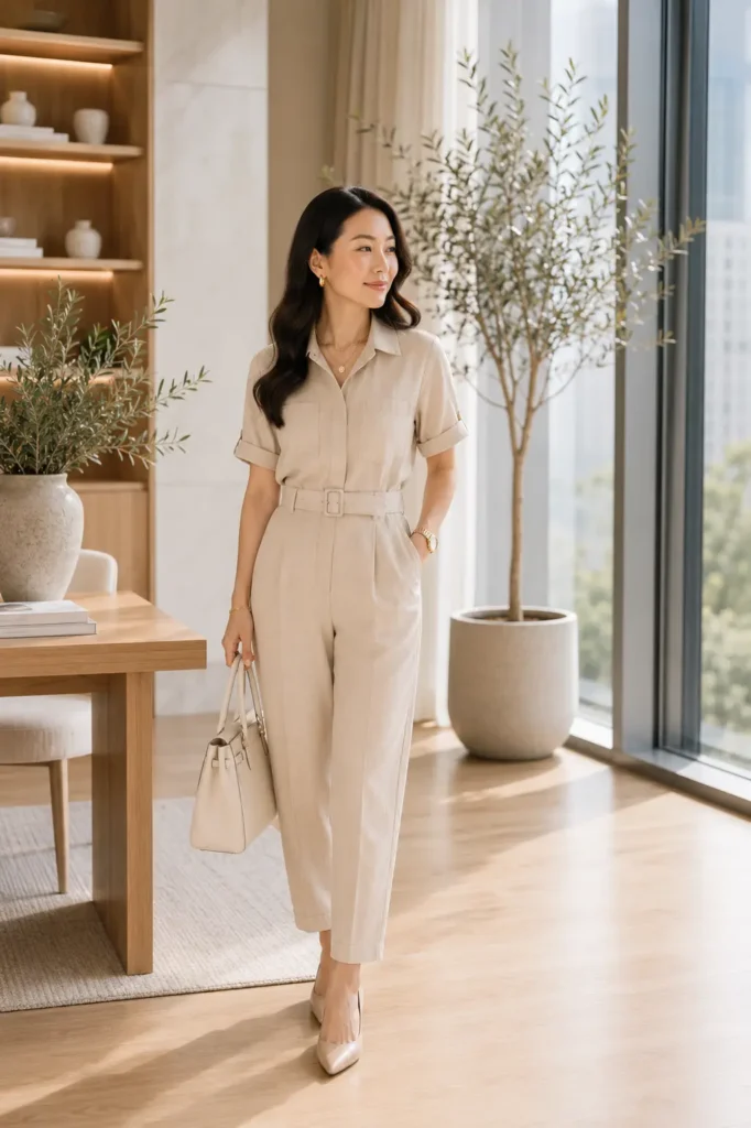 Petite woman in a soft beige utility jumpsuit with a shirt collar, short cuffed sleeves, a self-tone belt at the natural waist, and tapered ankle-length legs, styled with nude pointed pumps and a cream structured bag