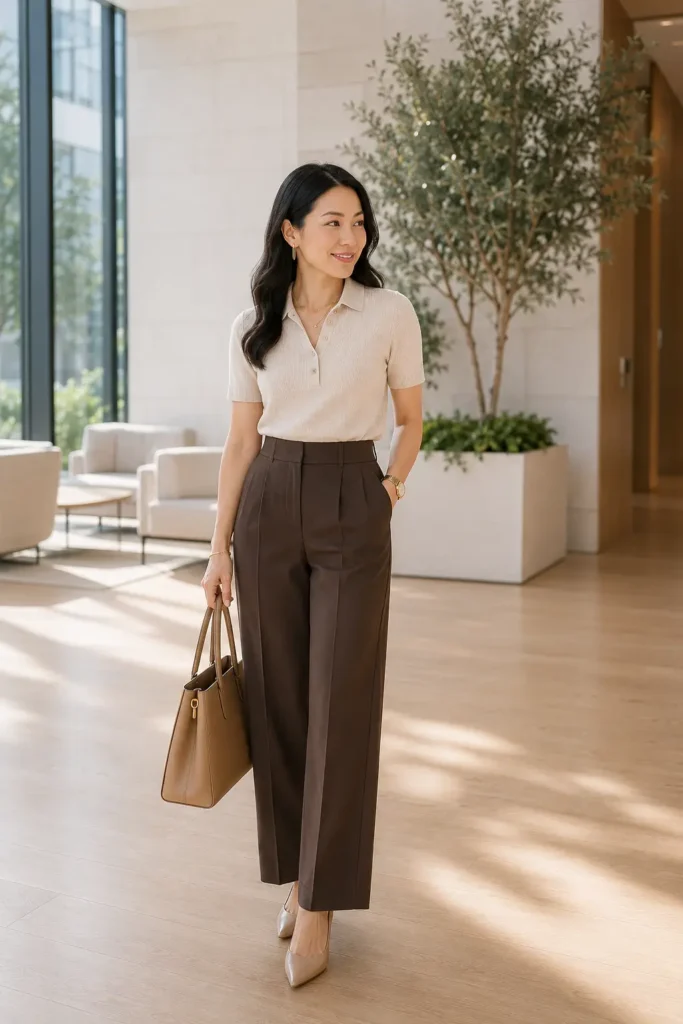 Petite woman in a soft beige ribbed polo knit top tucked into chocolate brown high-waist wide-leg full-length trousers with a pressed front crease, styled with nude pointed pumps and a tan structured tote