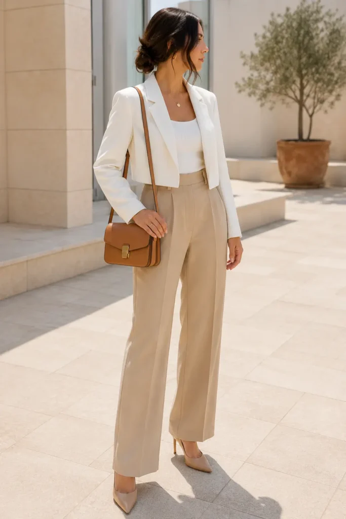 Petite woman holding a small structured tan leather crossbody bag at hip height against a beige outfit