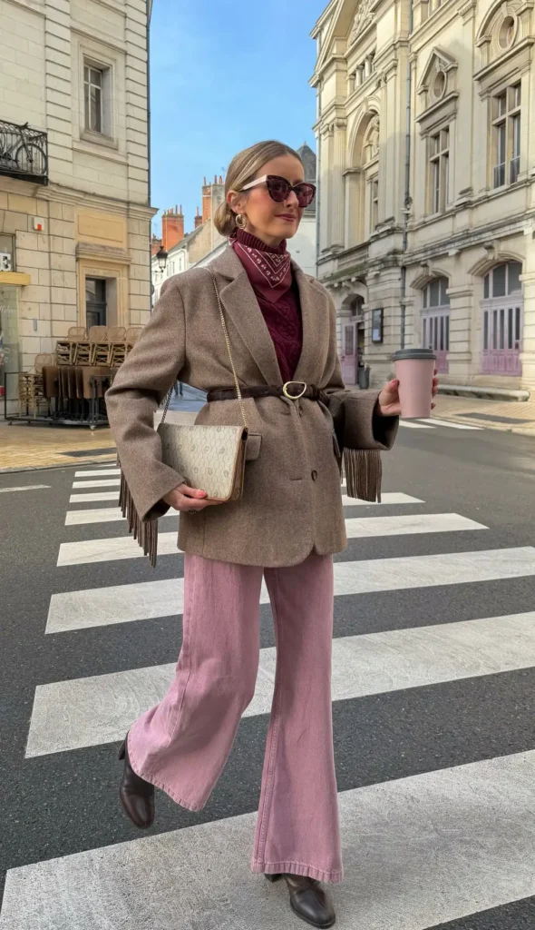 Tan fringe blazer belted at the waist over a burgundy turtleneck and dusty rose wide-leg jeans with dark chocolate low-heel boots, European street style