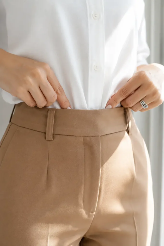 Close-up of hands tucking a white shirt neatly into the waistband of high-waisted camel trousers