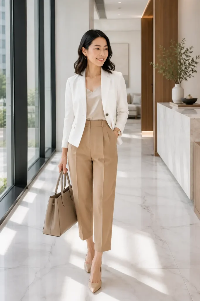 Petite woman wearing a single-button white linen blazer over a champagne shell top with camel high-waist cropped straight-leg trousers, styled with nude pointed pumps and a taupe tote