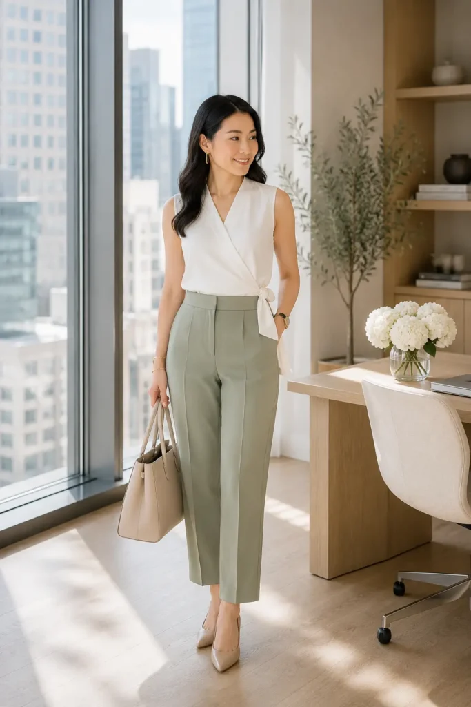 Petite woman wearing a white sleeveless surplice wrap top with a side-tie bow tucked into sage green high-waist ankle-length straight-leg trousers, with nude pointed pumps and a beige structured tote