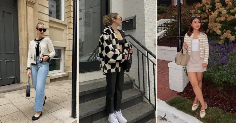 A Pinterest-style collage of three petite transitional outfit photos side by side. Left panel: a woman on a stone-paved city street wearing a cream textured knit cardigan with black contrast trim over a fitted black top and light-wash ankle-length straight-leg jeans. Middle panel: a woman on city steps wearing an oversized black and white large-check fluffy teddy jacket open over a black crop top and sleek black faux leather straight-leg pants with white sneakers. Right panel: a woman in a garden setting wearing a beige and white horizontal-striped knit jacket with gold buttons over a white square-neck tank and cream structured mini skirt, holding a large sage green tote bag with blooming hydrangea bushes behind her.
