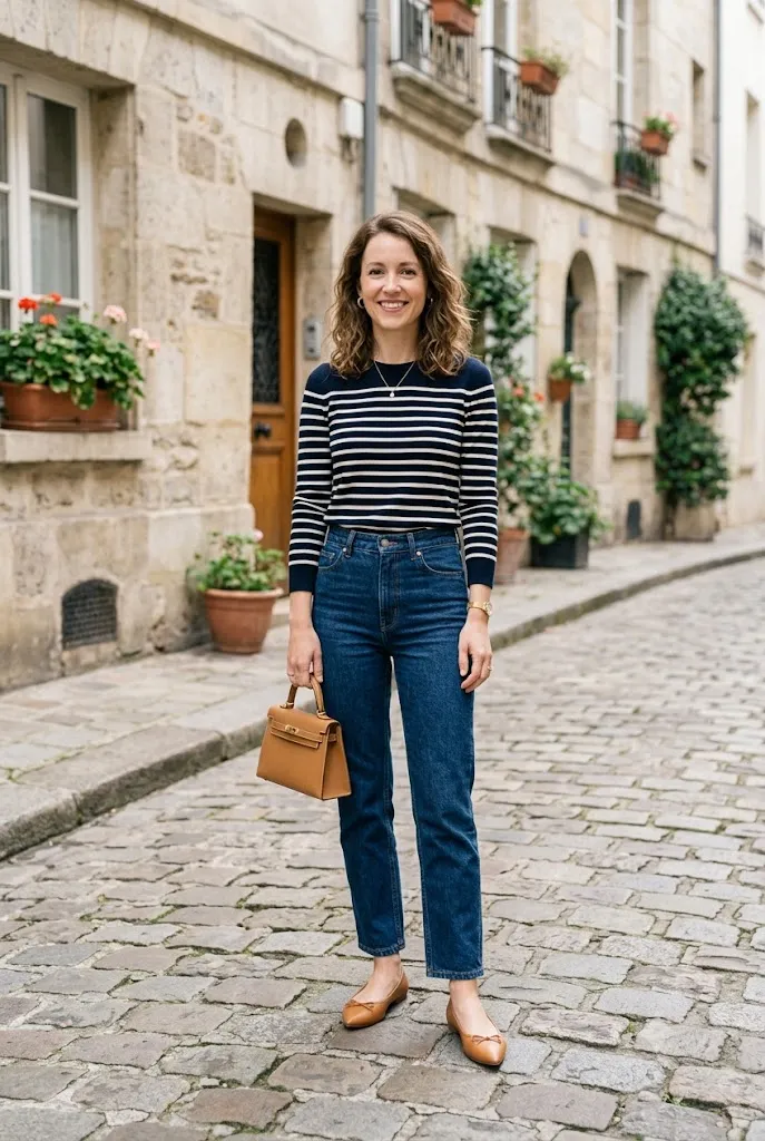 Petite woman in a navy and ivory Breton stripe fine-knit top with full-length sleeves tucked into dark straight-leg jeans and camel pointed-toe flats, standing on a quiet cobblestone European street holding a small structured tan bag.