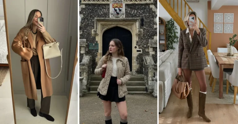 Three-panel collage of petite fall outfits: left panel shows a woman in a longline camel wool coat worn open over a camel ribbed knit and olive-brown wide-leg trousers with flat black loafers and a cream structured bag; center panel shows a woman in a tan diamond-quilted jacket with a gold crest badge over a cream cable knit, paired with a black pleated mini skirt and tall dark boots with gray ribbed socks, standing in front of a Gothic stone archway; right panel shows a woman in a warm brown glen plaid double-breasted blazer and matching mini skirt co-ord over a white collared shirt, with knee-high tan suede boots, white ribbed sock cuffs, and a camel leather tote, taking a mirror selfie in a warm-toned home interior.