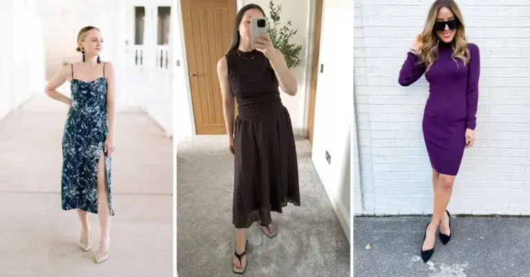 A three-panel collage of petite midi dress outfits: a navy blue floral toile slip dress with a side slit and nude pumps, a deep chocolate brown smocked sleeveless midi dress with black flat thong sandals, and a deep plum ribbed knit turtleneck bodycon midi dress with black pointed-toe pumps and oversized sunglasses, showcasing three different petite midi dress styles from casual to evening.