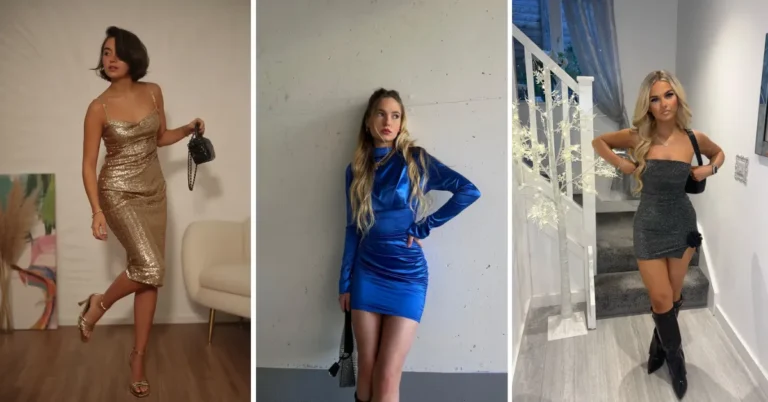 Three petite women wearing cocktail dresses: a gold sequin slip midi with gold strappy heels, a cobalt blue satin ruched mini with a gold chain necklace, and a charcoal glitter strapless mini with black knee-high boots.