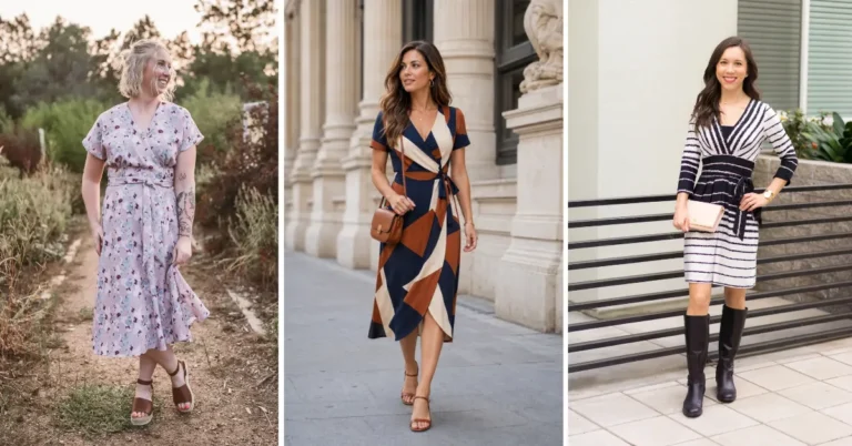A three-panel collage of petite wrap dress outfits. Left: a woman in a dusty lavender watercolor floral wrap midi dress with short flutter sleeves and a self-tie waist, wearing brown platform wedge sandals, walking a dirt nature path at golden hour. Center: a petite woman in a bold geometric colorblock wrap midi in navy, warm rust, and cream with a side bow tie, wearing cognac strappy block heel sandals and carrying a tan structured crossbody bag, walking past ornate stone columns. Right: a petite woman in a navy and white brushstroke stripe knit wrap mini dress with three-quarter sleeves and a solid navy waistband, wearing tall black leather riding boots and holding a blush fold-over clutch, standing on an urban sidewalk.