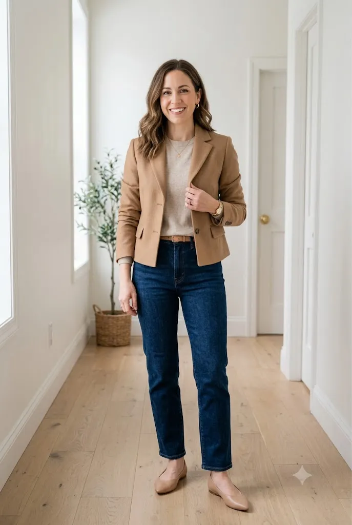 Petite woman in a camel short blazer ending at the hip over a fine-knit oatmeal crewneck, dark high-rise straight-leg jeans, and nude pointed-toe flats, standing in a bright minimal hallway facing the camera with one hand on the lapel.