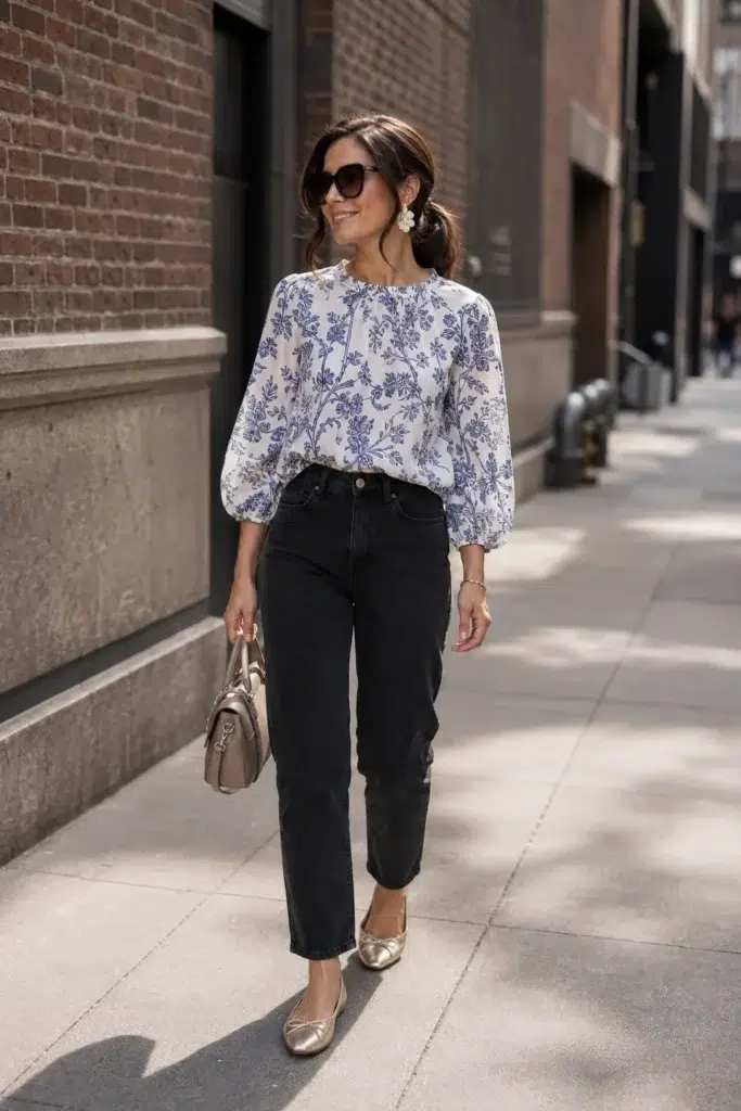 Petite woman on a city street wearing a white and blue floral balloon-sleeve blouse, high-waisted black straight jeans, gold bow ballet flats, and a taupe mini satchel, styled as a petite casual Friday work outfit.